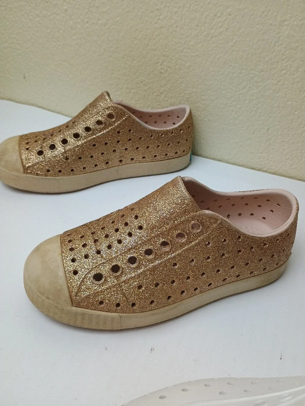 Native Little Kids Slip-On Water Shoes in White and Glitter Gold - Washable